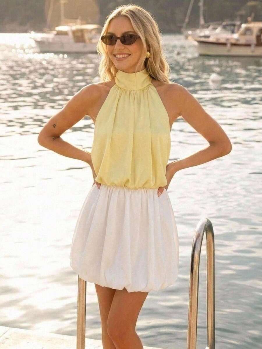 Pimkie Edition Women's Solid Color Pleated Fashion Elegant Halter Neck Top - Yellow - View 1