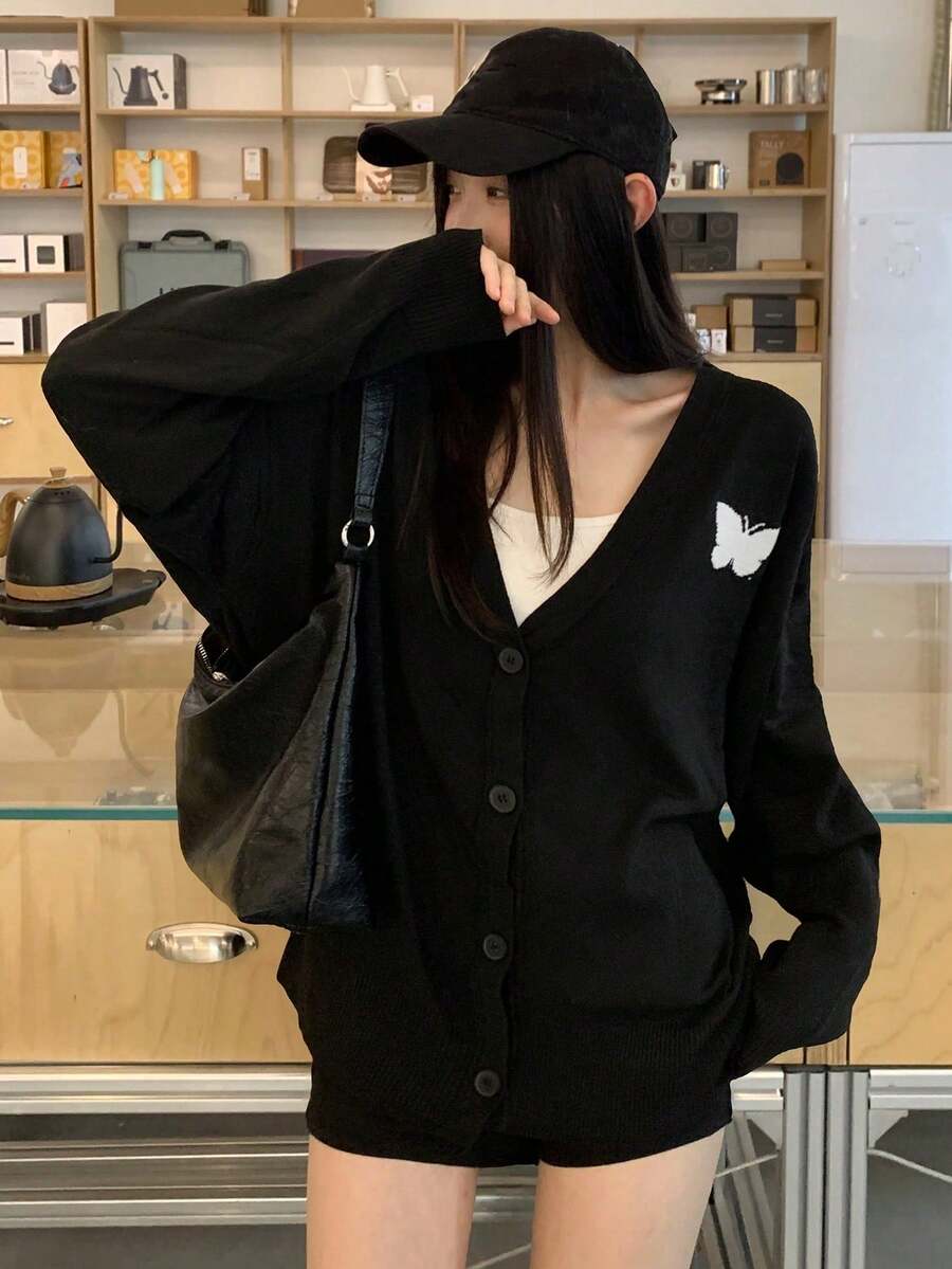 Minimalist Embroidered Solid Color V-Neck Cardigan Women's New Loose Fit Versatile Soft Knit Sweater Jacket Black - Black - View 1