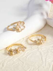 Bộ 3 nhẫn ngón trỏ nữ đính ngọc trai hoa và đá rhinestone, phong cách tối giản sang trọng cao cấp, thời trang đa dụng, set nhẫn cô dâu - Nhiều màu - Xem 3