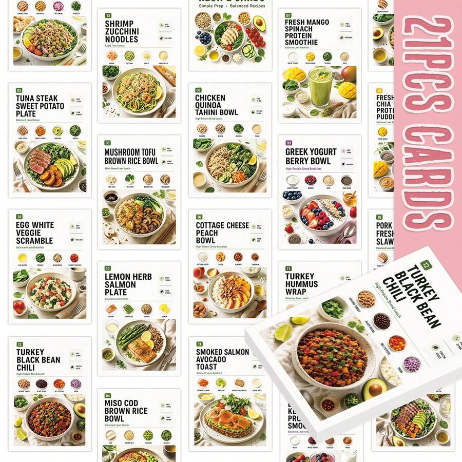 21pcs Simple & Balanced Healthy Recipe Cards - 2.5*3.5inch High-Protein Smoothie, Salad & Grain Bowl Recipe Cards Pack For Meal Prep - Easy Cooking Guide Cards For Fitness Enthusiasts & Beginners