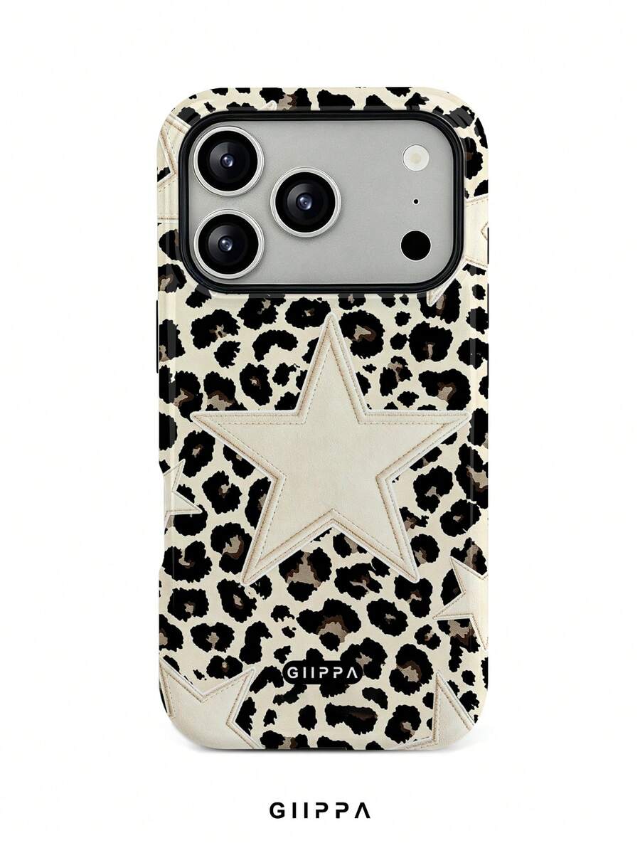 GIIPPA 1pc Leopard Print Base With White Star Pattern Design, Phone 17 Pro Max Phone Case, Compatible With Phone 16 Pro Max, 15 Pro Max, 14 Pro Max, Korean High-End Fashion Fun Phone Case, Compatible With 11/12/13/14/15/16 Pro Max Plus, Elegant Design Suitable For Men And Women, Perfect Gift For Girlfriend On Christmas, Valentine's Day, Easter, Wedding Season And Birthday! - White - View 1