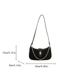 Retro Patch Chain Bag For Women, Simple Lock Clasp, Underarm Bag, Versatile Shoulder Bag, Casual, Can Be Slung, Women's Bag - Black - View 10