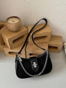 Retro Patch Chain Bag For Women, Simple Lock Clasp, Underarm Bag, Versatile Shoulder Bag, Casual, Can Be Slung, Women's Bag - Black - View 7