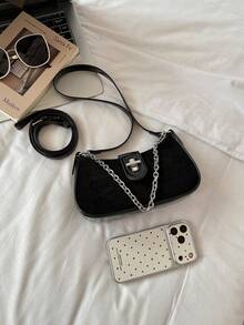 Retro Patch Chain Bag For Women, Simple Lock Clasp, Underarm Bag, Versatile Shoulder Bag, Casual, Can Be Slung, Women's Bag - Black - View 8