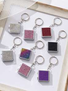 1pc Mini Rhinestone Double-Sided Square Mirror, New Creative Ins Style Luxury Sparkling Diamond Cross-Border Hot-Selling 2-In-1 Rhinestone Mini Makeup Mirror Keychain, Multifunctional Makeup Mirror Keychain Pendant, Thumb-Sized Portable Double-Sided Folding Lipstick Mirror, Suitable For Touch-Ups On The Go, Sparkling Crystal Portable Folding Makeup Mirror With Double-Sided Square Design, Mini Handbag Carry, Fun Gift - Multicolor - View 3