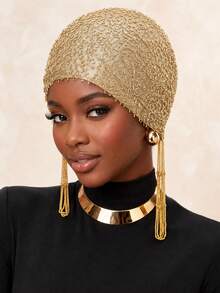 Turban Jala Transparan Berhiaskan Manik-Manik Mewah, Hijab Muslim Panjang dengan Rumbai Manik-Manik, Penutup Kepala Jala yang Bernapas, Penutup Kepala Elegan dan Sopan untuk Pesta Pernikahan - MultiWarna - View 9