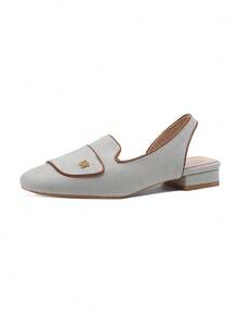 French Vintage Square Toe Slingback Flat Sandals For Women, Contrast Trim Metal Buckle Loafers, Canvas & Leather Commuter Vacation Street Style Versatile Shoes - Blue-gray - View 12