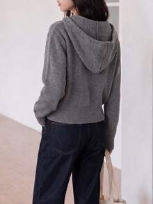 Women's Autumn/Winter Minimalist Hooded Cardigan Sweater Jacket - Grey - View 2
