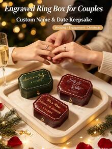 Customizable Personalized PU Leather Ring Box, Dual Slot Design, Soft Fabric Lining, Suitable For Wedding Proposal Anniversary, Couple Valentine's Day Anniversary Customized Gift - Multicolor - View 2
