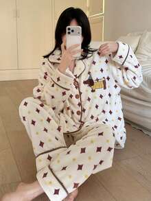 Aesletic 2pcs/Set Autumn/Winter Women's Flannel Cardigan Button Pajamas, Geometric Print Ramadan Romantic Casual Comfortable Loungewear - Apricot - View 9