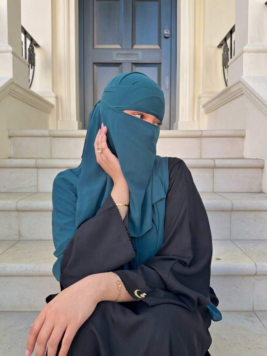 1pc Middle Eastern Pearl Chiffon Soft Skin-Friendly Solid Color Muslim Plain Arabic Veil - Blue Power - View 1