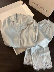 Light Luxury Sweet Solid Color Lace Trim Pajamas Women's New 2 Pieces Set Loungewear - Mint Green - View 5