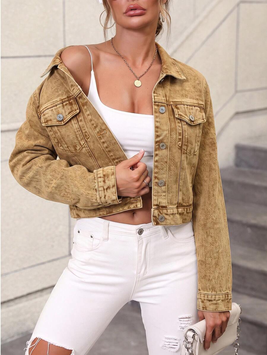 Veste en jean courte pour femme avec poches à rabat, coton traçable, Top de mode automne décontracté - Kaki - Voir 1