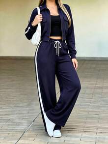 Women 2 Pcs Tracksuit Set, Color Block Zip Up Jacket & Side Stripe Wide Leg Pants, Retro Sporty Casual Streetwear Outfit, Navy Blue Fall Matching Set - Navy - View 9