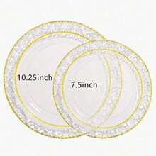 50/25/1pc Transparent Hammered Texture Double Gold Rim Plates, Transparent Bottom With Gold Rim, Elegant Dessert Plate, Pasta Plate, Pizza Plate, Cake Plate, Salad Plate, 7.5 Inch/10.25 Inch Size, Reusable And Easy To Clean, Suitable For Outdoor, Party, Birthday, Wedding And Holiday Gatherings - Transparent Gold Edge - View 10