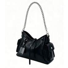 JRESSIAL Women's Y2K Chain Strap Underarm Shoulder Bag, Multi‑Pocket Faux Leather Hobo Bag With Decor Tag, Casual Daily Shoulder Handbag - Black - View 7