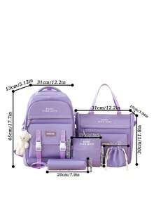 5-Piece Back To School Backpack Set, Classic Basic Style, Large Capacity Multi-Piece Set Backpack + Tote Bag + Crossbody Bag + Pencil Case + Coin Purse, With Laptop Compartment, Casual Fashion Multifunctional Backpack And Wallet - Purple - View 4