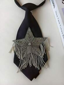 Handmade Beaded Pentagram Tassel Tie, Shiny Design Black Decorative Necktie - Five-pointed Star Tassel - View 4