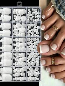 150pcs Translucent Matte French Style Short Square White Edge Full Coverage Press-On Toenails, Summer Style - Multicolor - View 3