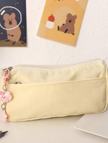 1pc New Ins Simplicity Solid Style Large Capacity Cute Plush Pencil Case With Keychain Simple Stationery Organizer Bag For Students - Pencil Case - View 6