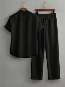 YUNCHIC Summer Ice Silk Textured Black Stand Collar Short Sleeve Set Men's Thin Breathable Casual 2 Pieces Outfit Vacation Commute Drape Long Pants - Black - View 5