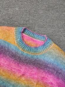 Fashionable Women's Plus Size Long Sleeve Rainbow Sweater, Round Neck Drop Shoulder Knit Pullover, Autumn/Winter Women's Clothing - Multicolor - View 9