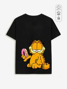 Women's Solid Color Round Neck Short-Sleeved Loose T-Shirt, 100% Cotton Top,Cute Cartoon Cat Print,Spring/Summer Casual Wear Black - Black - View 5