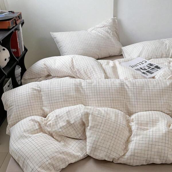 2026 NEW Fashion Gingham Duvet Cover Queen 3-Piece Bedding Set For Girls/Boys, No Insert |   Double Gauze Cotton, Soft Breathable All Season, Multicolor Fine Line Grid Print, For Family & Student Bedroom Decor