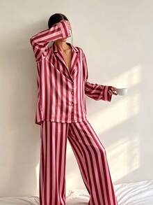 2pcs/Set Women's All-Season Vertical Striped Satin Pajama Set, Deep V-Neck Lapel Long Sleeve Loose Wide Leg Loungewear Set - Hot Pink - View 3