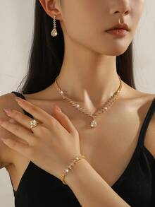 5pcs Luxury Zirconia Water Drop Necklace, Earrings, Bracelet, Ring Jewelry Set, Elegant & Fashionable For Wedding, Party, Daily Commute - Silver - View 12