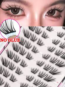 60pcs Glue-Free Upward Slanted Cluster False Eyelashes, Black Tapered Tips With Flicked Tail Design, Create Cat Eye Makeup Look, Self-Adhesive Easy To Wear, Suitable For Cosplay, Photography And Bold Glam Makeup - C - View 1