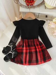 Set 2pcs Baju Rajut Lengan Panjang Bergaris untuk Bayi Perempuan & Rok Pita Kotak-kotak, Lucu untuk Musim Semi/Gugur - Hitam - View 2