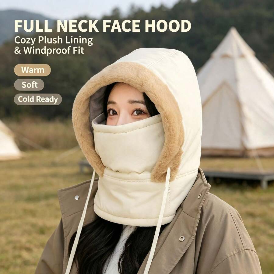 1pc Winter Warm Fleece Lined Balaclava Hat With Soft Fur Trim, Windproof & Cold-Resistant, Full Face And Neck Protection, Adjustable Drawstring, Suitable For Skiing, Cycling, Snow Activities And Cold Outdoor Weather - White - View 1
