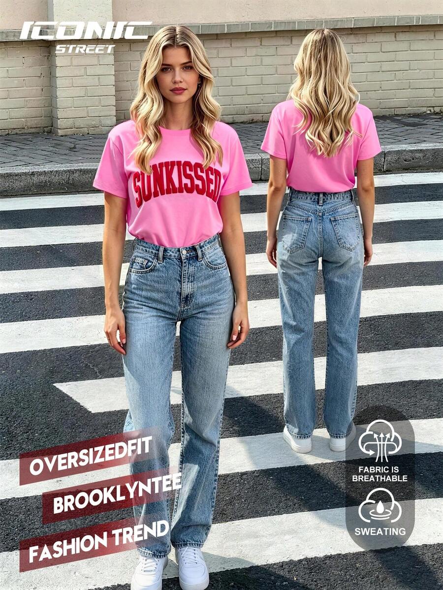 Casual Letter Embossed Short Sleeve T-Shirt, Summer Pink - Pink - View 1