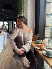 FOR BEAUTY Fall Winter Women Sweaters Elegant Casual Y2K Oatmeal Beige Off Shoulder Knit Tops Loose Fit Pullover Drop Shoulder Daily Outfits - Oat - View 5