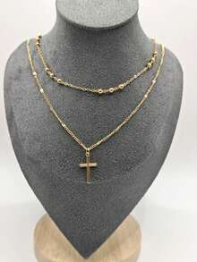 QTHOPE Double Layer Necklace With Cross And Heart Pendant, Suitable For Girls Daily Wear - Yellow Gold - View 3