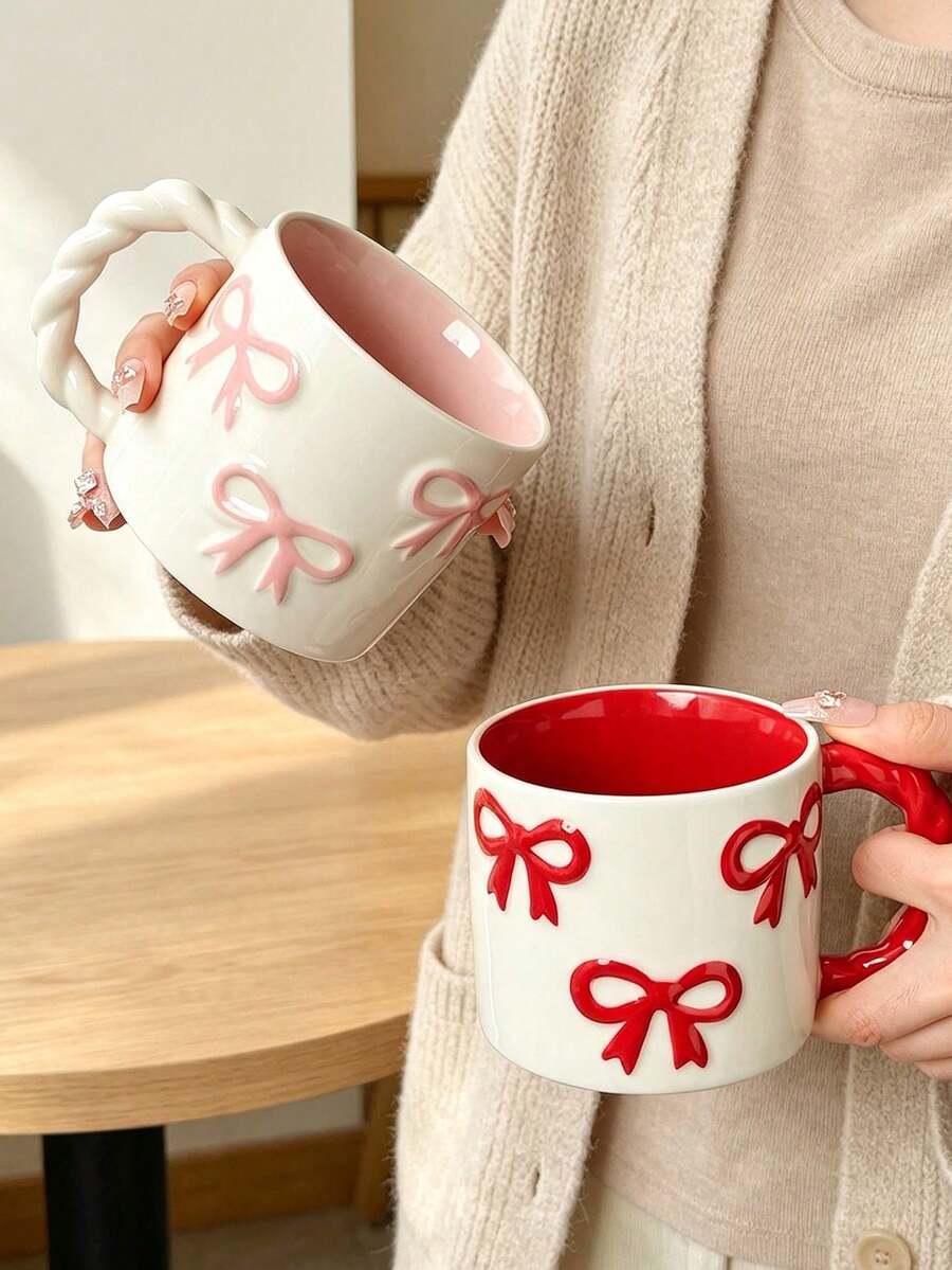 1pc Creative 3D Bow Shaped Ceramic Mug With Braided Handle, High-Quality Coffee/Milk Cup, Microwave Friendly, Perfect Gift For Girlfriends, Cute Girly Pink Water Cup