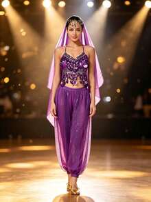 Atasan Crop Top Halter Rumbai Kerang Berhiaskan Manik-Manik, Celana Harem Chiffon Berpayet Transparan, Pakaian Kerudung Pertunjukan Tari Eksotis (Tersedia Berbagai Warna) - MultiWarna - View 21