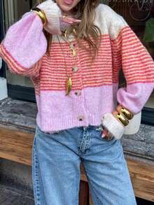 Just Masa Women's Fall Winter Casual Y2K Contrast Stripe Sweater,Ruffle Balloon Sleeve Button Up Sweater Cardigan,For Daily Wear,Going Out,Christmas - Pink - View 7