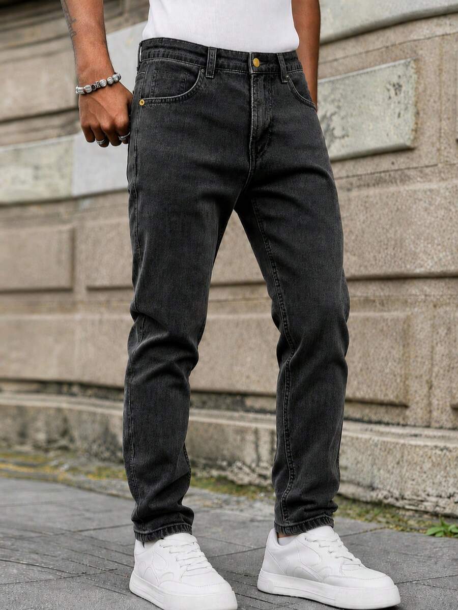 Jeans de mezclilla casuales y versátiles para ir al trabajo con bolsillos para hombres - Gris - Ver 1