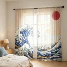 2件組日式大浪透視窗簾，浮世繪海洋波浪與船隻印花薄紗窗簾，濾光穿桿式窗簾，適用客廳臥室居家裝飾 - 彩色 - 查看 7