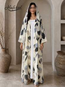 Hafizah Women's Printed Long Sleeve Hooded Robe Jacket With Headscarf, Abaya - Apricot - View 1
