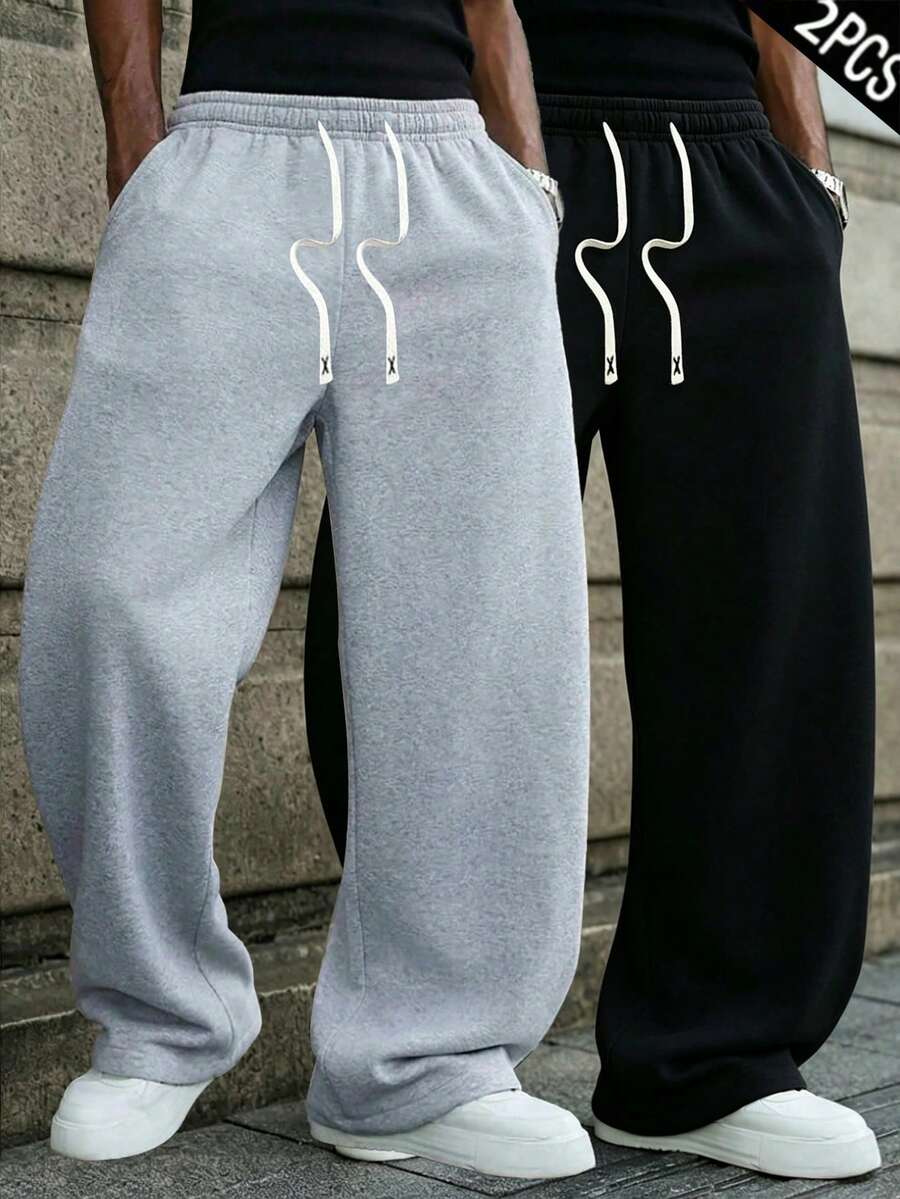 2pcs/Set Celana Olahraga Kasual Anak Laki-laki dengan Tali Serut dan Pinggang Elastis, Potongan Lurus Longgar, Cocok untuk Pemakaian Sehari-hari - Hitam - View 1