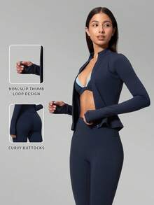 MFVIM Women's Seamless Triangle Cup Wireless Bra + Leggings + Jacket 3-Piece Fitness Set - dark blue - View 4