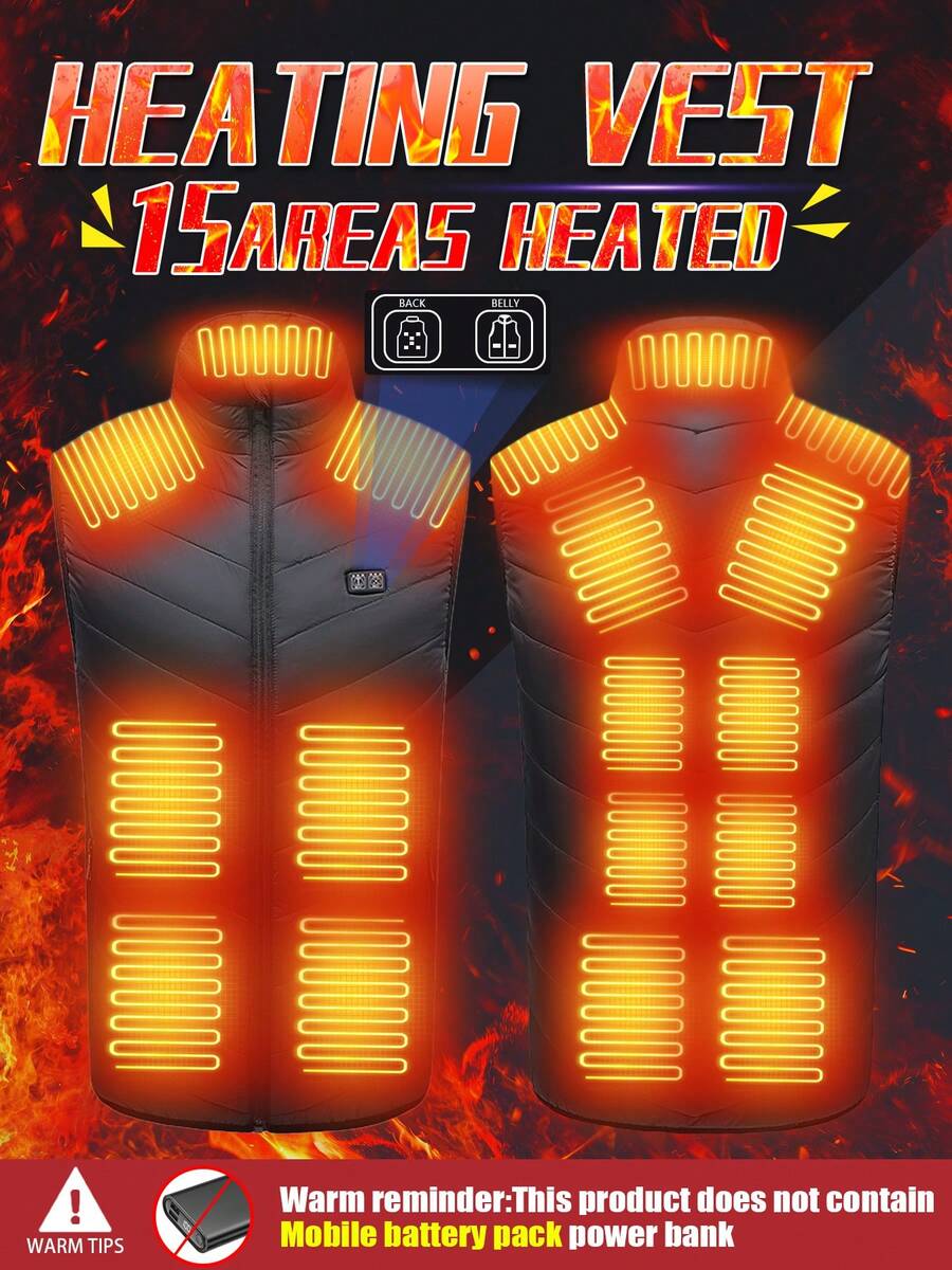 Men's Warm Vest Winter Outdoor Fleece High Neck Vest, Dual Switch 15 Heating Areas (Without Power Supply)