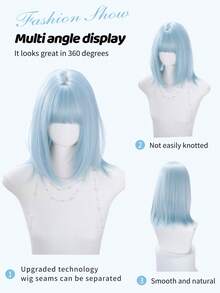alicegarden 16-Inch Long Synthetic Wig Featuring A Natural Straight Style A Stunning Dusty Blue. Designed With Bangs , This False Hairpiece Is Perfect For Ms Daily Party Cosplay Use, Offering A Natural And Natural Durable Wig Gift For Ladies., Halloween - Dusty Blue - View 4