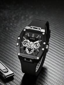GUESS Men's Matte Black Barrel-Shaped Multifunction Quartz Watch, Black Soft Silicone Strap, GW0203G3 - one-size - View 3