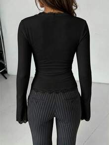 Unadoll Women Fall‑Winter Black Basic Square Neck Lace Trim Flare Long Sleeve Crop Top, Solid Fitted Blouse, Casual Tee For Back To School & Going Out - Black - View 4