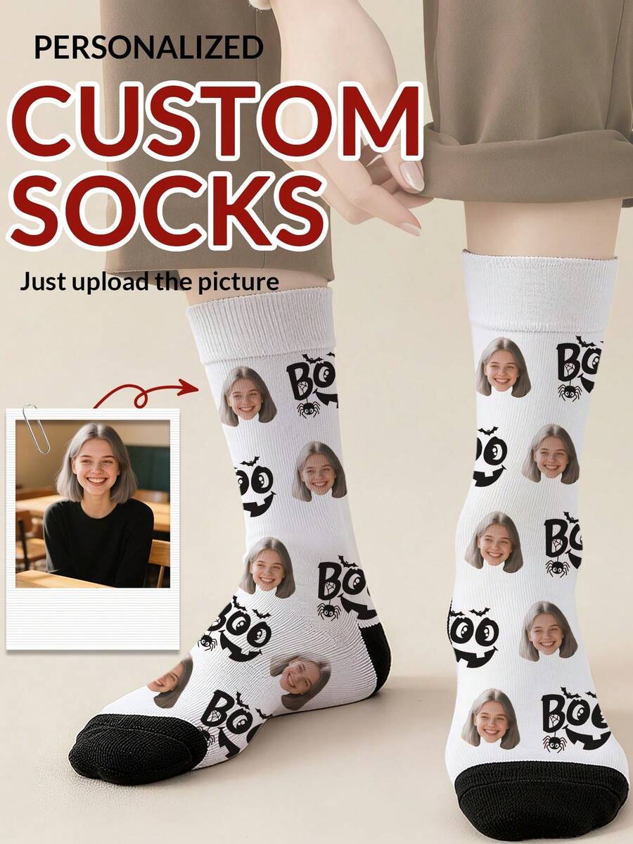 1 Pair Customized Face Photo Women's Halloween Stockings, Halloween Costume, Birthday, Valentine's Day Gift, Halloween Prank Prop, Colorful Cartoon Print, Combines Personalized And Fun, Suitable For Daily Wear, Home, Commute - Multicolor - View 1