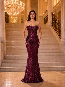 Autumn/Winter Elegant Luxury Full Sequin Mermaid Long Evening Dress, Waist-Cinching Boning Pleated Elastic Fabric, Strapless Heart-Shaped Neckline, Suitable For Parties, Balls And Nightclubs - Burgundy - View 3